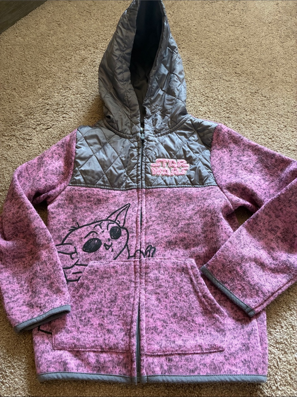 Star Wars "The Child" Grogu Pink Marled Full-Zip Quilted Hoodie size 7